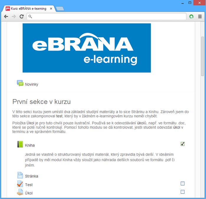 Takhle jednoduše vypadá sekce kurzu v e-learningu od společnosti eBRÁNA.