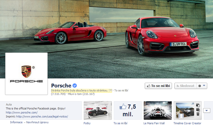 Design facebookové stránky Porsche jde ruku v ruce s image značky – profesionální úvodní fotografie, naplnění relevantními informacemi a jako bonus využití aplikací na stránce.