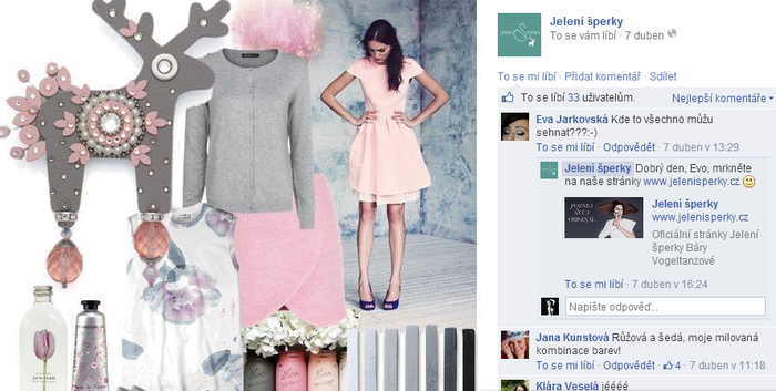 Ukázková komunikace facebookové stránky Jelení šperky – mají jasně definovanou cílovou skupinu, styl komunikace a dbají i na přímý kontakt s fanoušky.